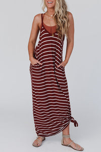 Red Stripe Side Pockets Spaghetti Straps Maxi Dress