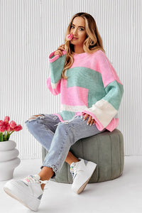 Pink Colorblock Drop Shoulder Bell Sleeve Sweater