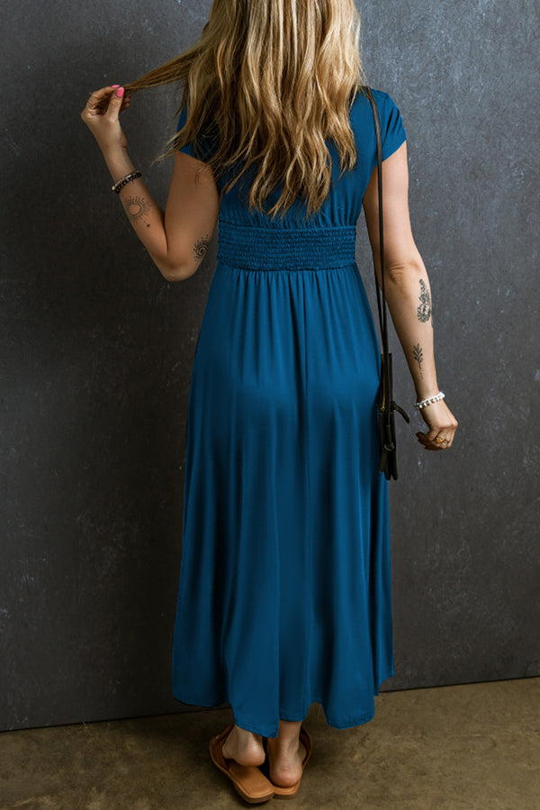 Women’s Fashion Peacock Blue Short Sleeve Shirred High Waist V Neck Maxi Long Dress