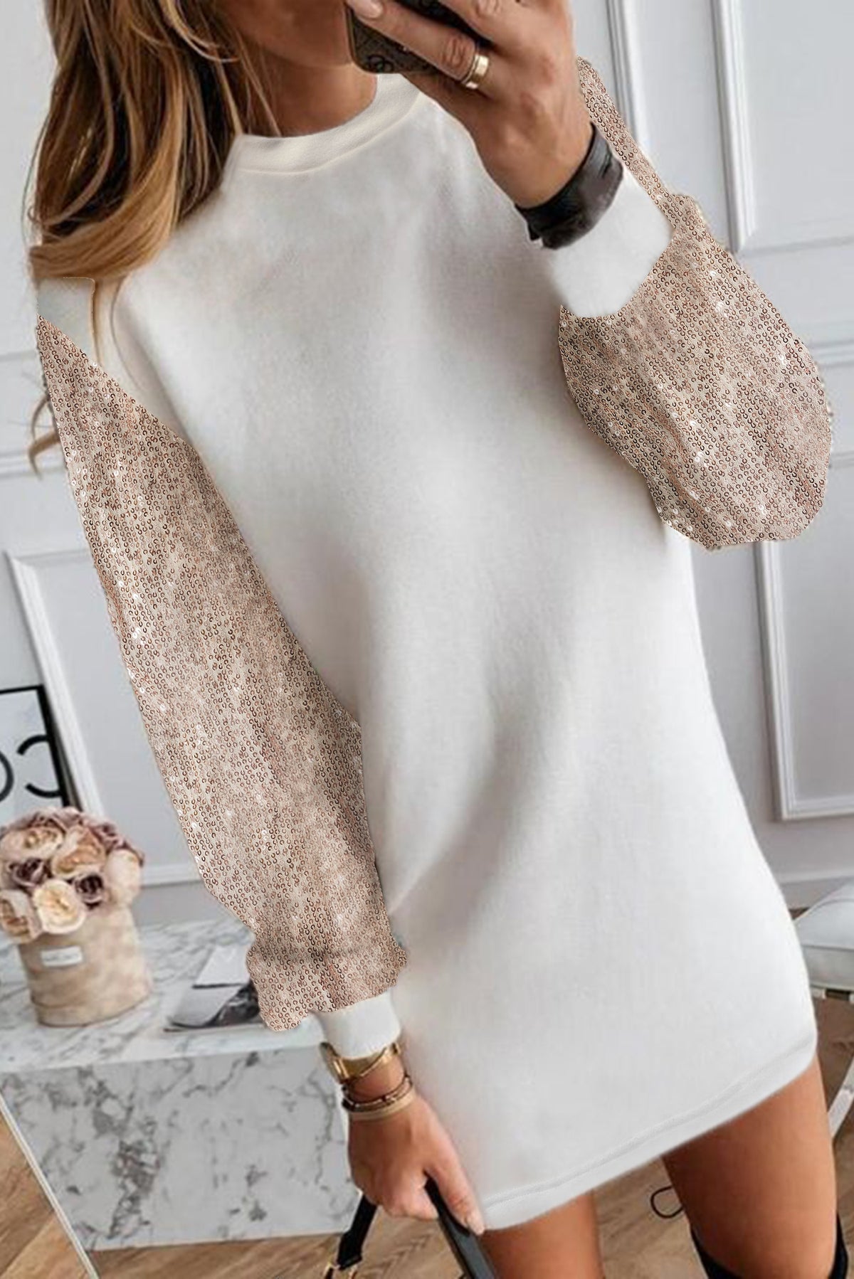 White Sequin Puff Sleeve Shift Mini Long Sleeve Sweater Dress