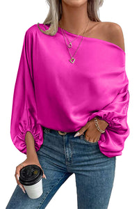 Women's Hot Pink Top Off The Shoulder Asymmetrical Neck Balloon Sleeve Satin Long Sleeve Blouse