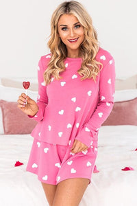 Pink Valentine Heart Print Long Sleeve Tee and Shorts Lounge Set Pajamas