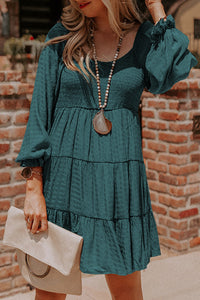 Mist Green Bishop Sleeve Smocked Tiered Casual Mini Dress