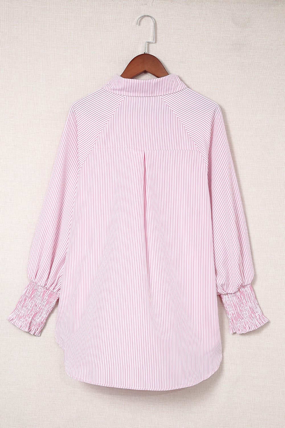 Pink Smocked Cuffed Striped Boyfriend Shirt with Pocket