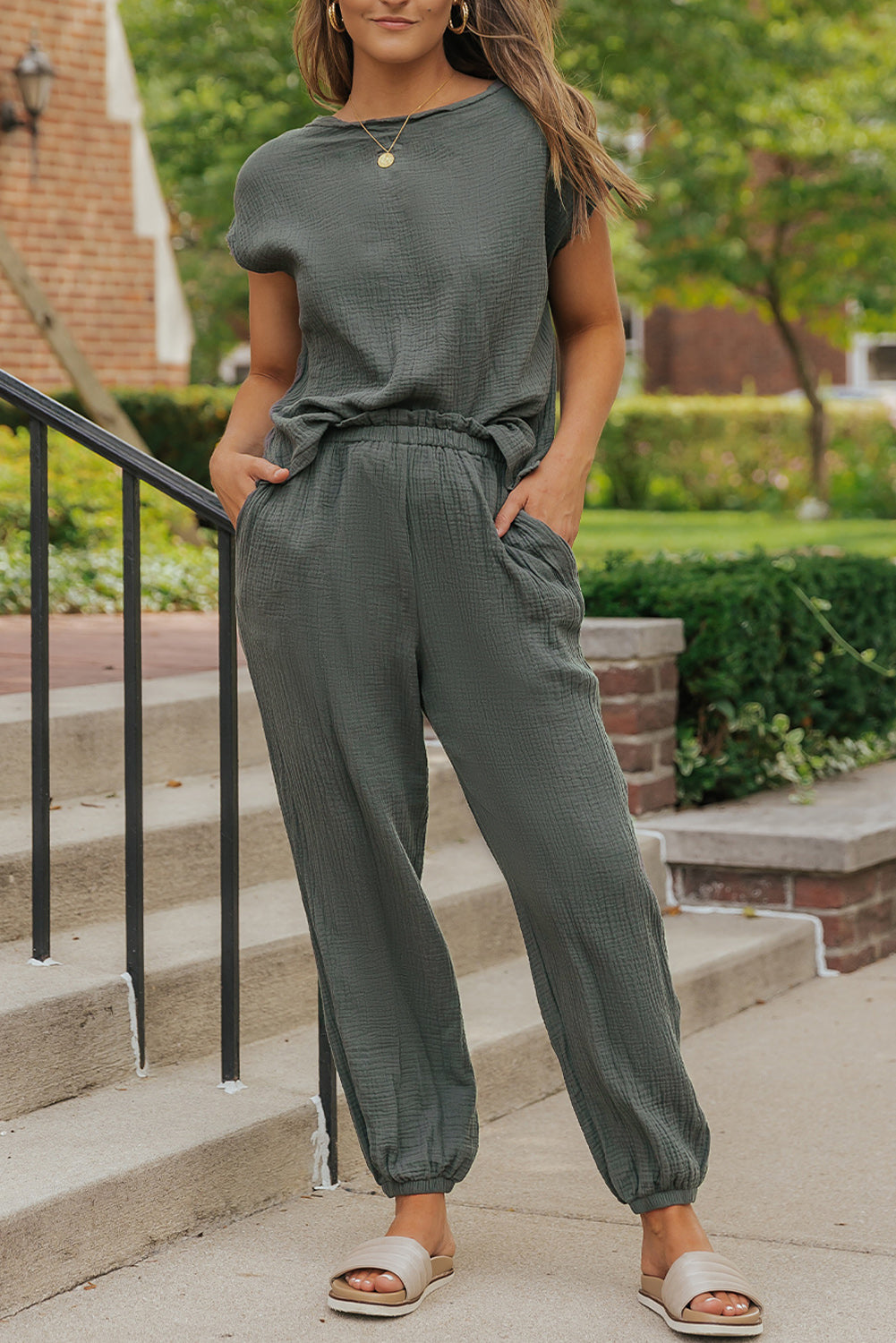 Gray Crinkled Texture Tee and Jogger Pants Set