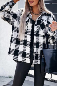 Black Plaid Textured Flap Pocket Shacket Long Sleeve Top