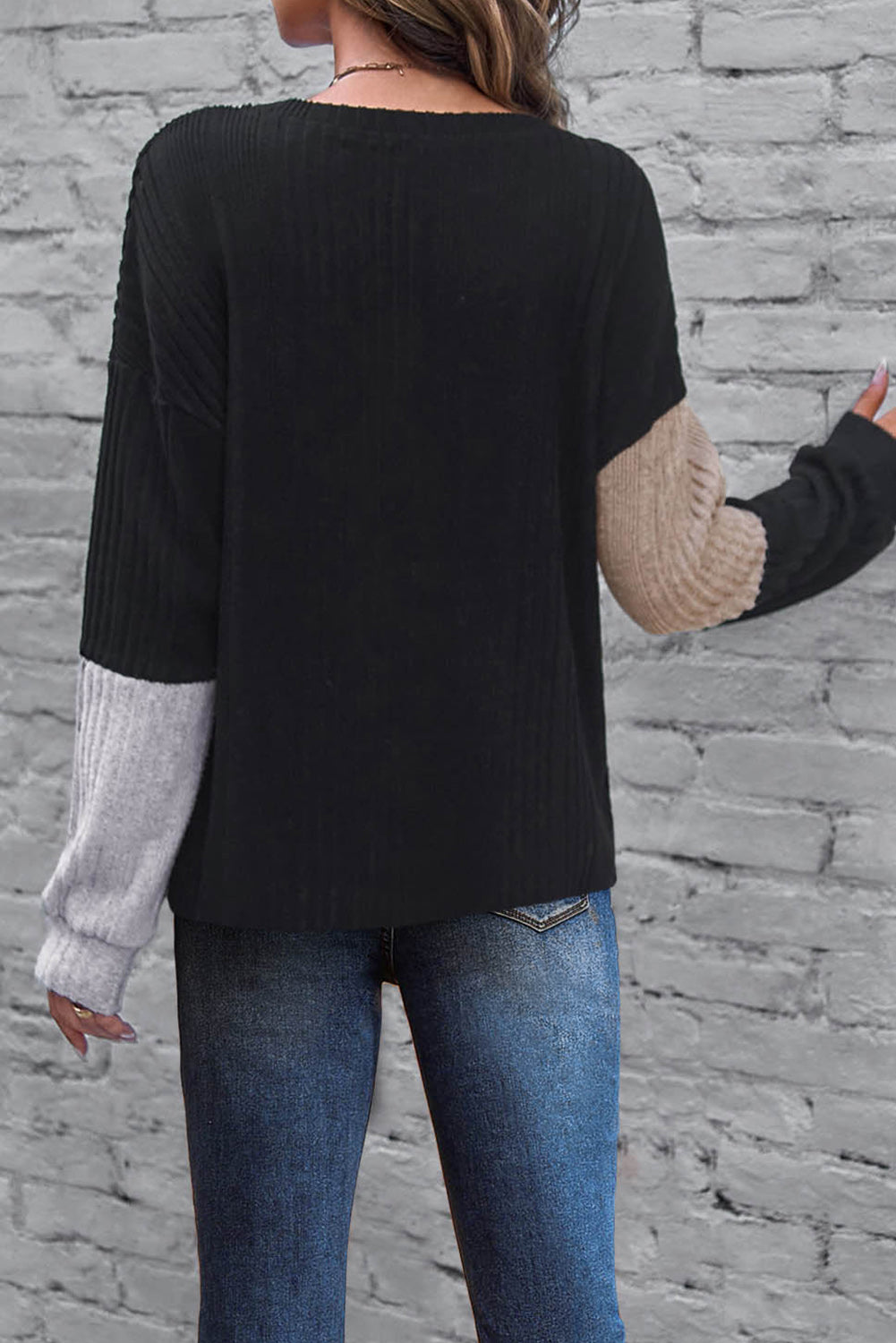 Black Colorblock Textured Knit Long Sleeve Top