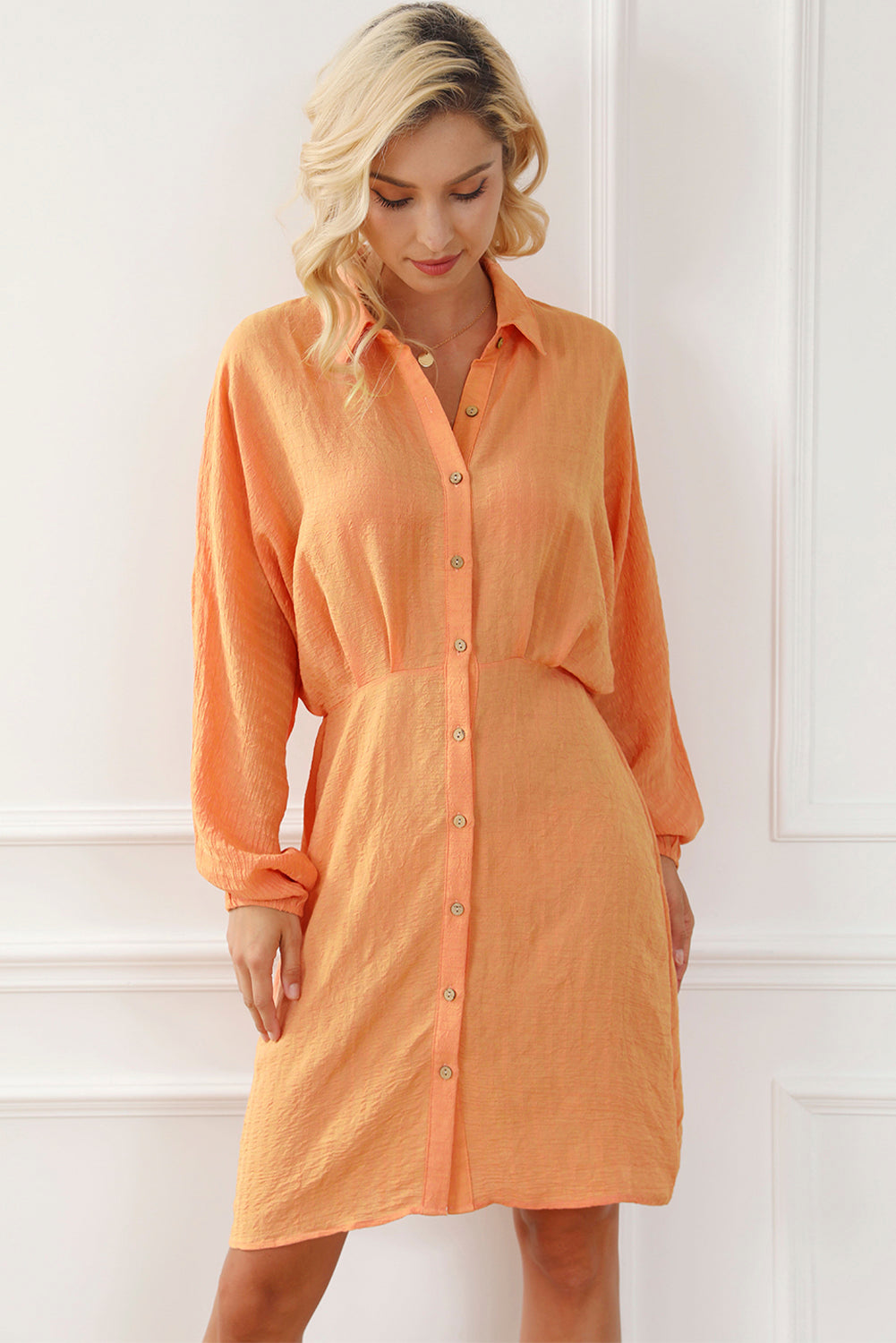 Orange Long Sleeve Short Dress Casual Textured Button Front Cinched Waist Mini