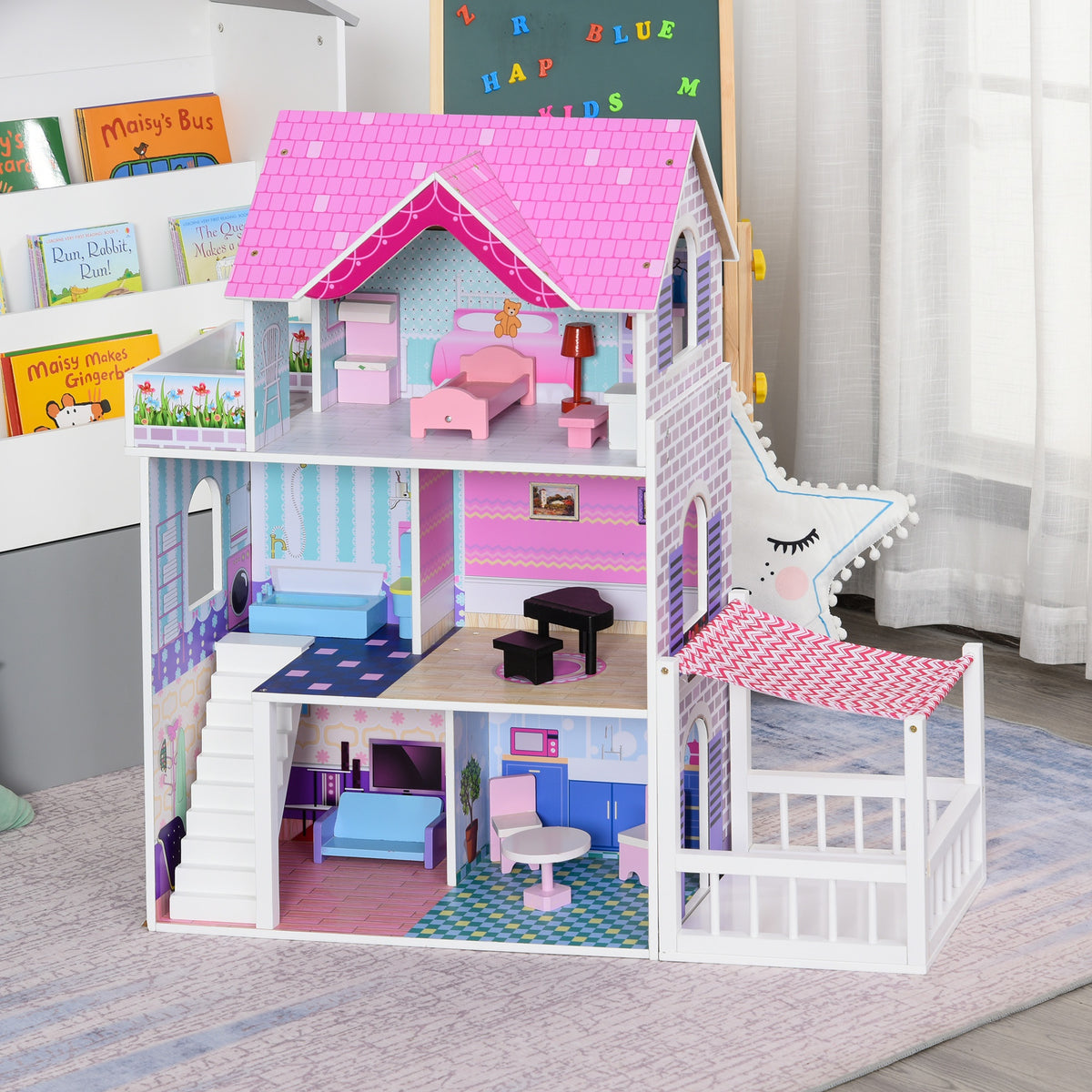 Qaba Kids Wooden Dollhouse with Furniture Accessories for Kids Toys