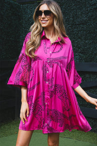 Rose Red Cheetah Print Bell Sleeve Mini Shirt Dress