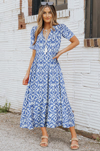 Casual Geometric Print Maxi Dress Sky Blue V Neck Boho Summer Vacation Dresses Loose Fit