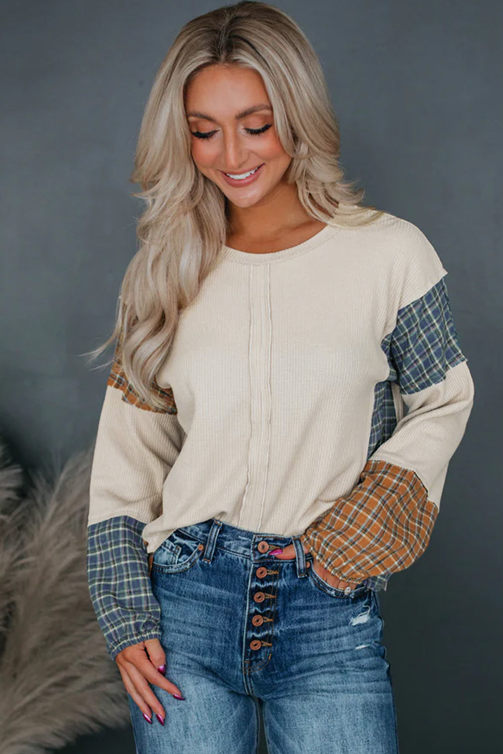 Fashion Sweater Smoke Gray Plaid Patchwork Raw Seam Long Sleeve Top