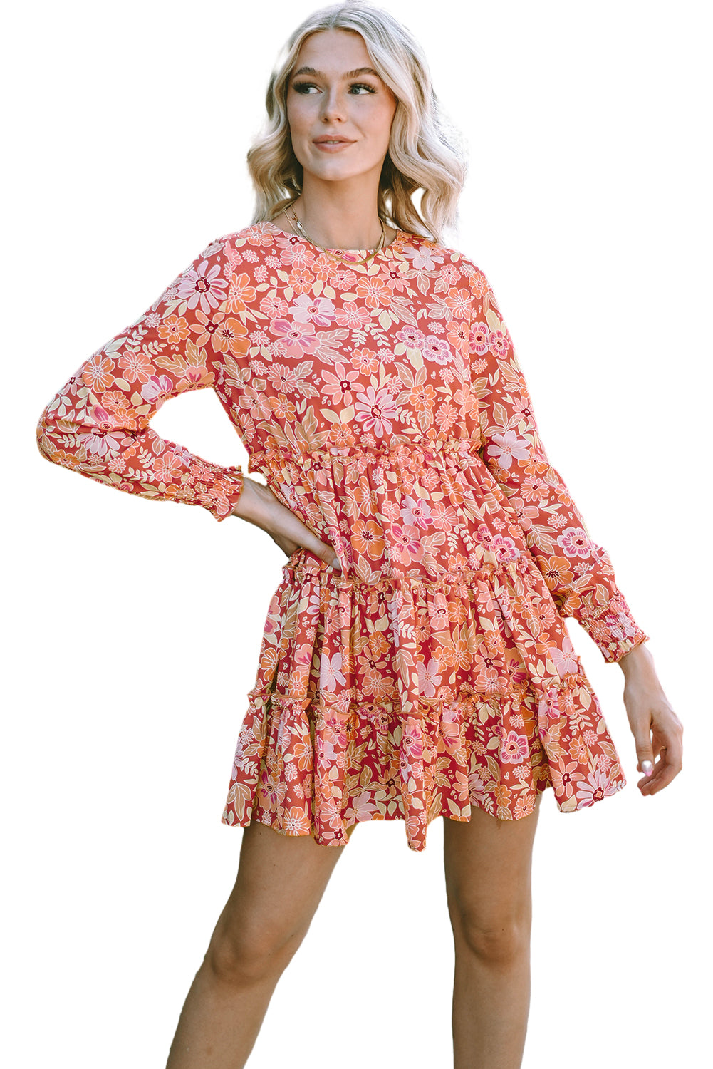 Printed Floral Long Sleeve Frill Tiered Mini Short Dress