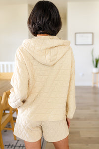 Beige Quilted V Neck Hoodie Drawstring Shorts Set Loungewear Fashion Sets