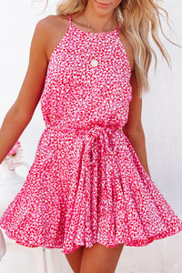 Pink Leopard Print Sleeveless Mini Dress with Waist Tie