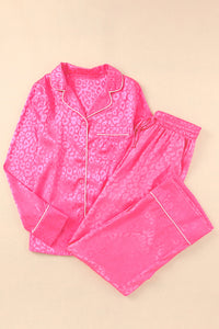 Pink  Pajamas Set 2pcs Leopard Long Pants and Long Sleeve Top Loungewear Sleepwear