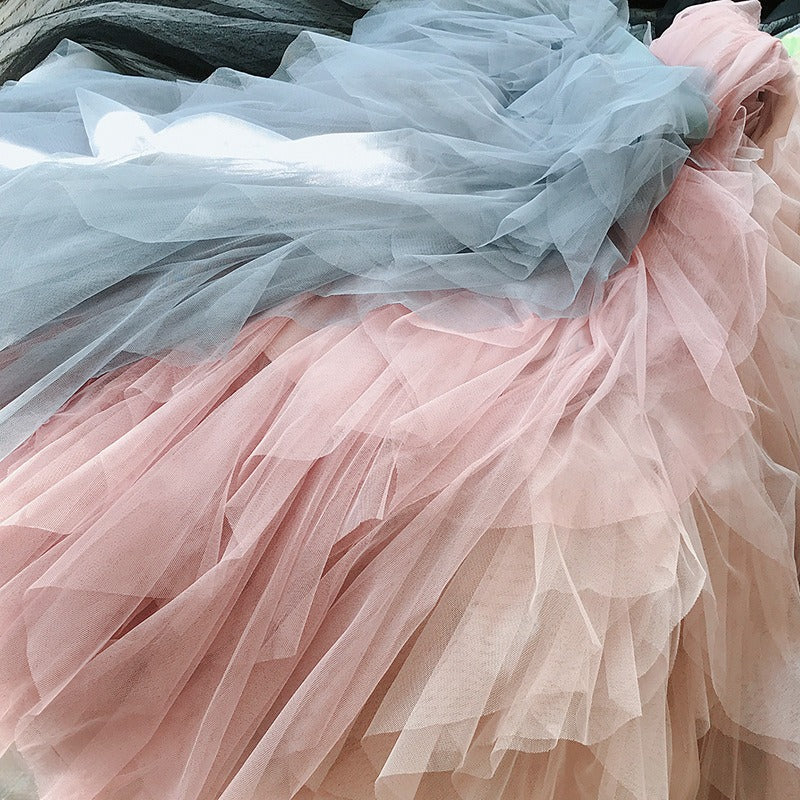 Fashionable high waisted Long Tulle Skirt Irregular Hem Mesh