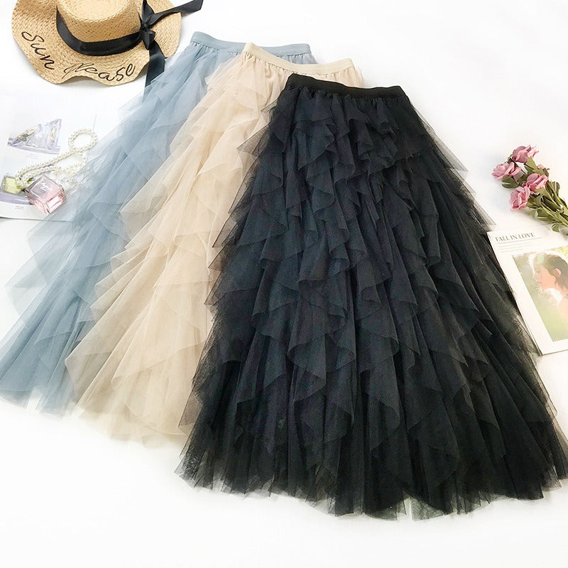 Fashionable high waisted Long Tulle Skirt Irregular Hem Mesh