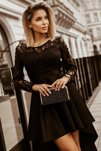 Black Long Sleeve Lace High Low Long Sleeve Satin Evening Dress