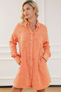 Orange Crinkled Dual Chest Pocket Oversized Shirt Dress Womens Fashion