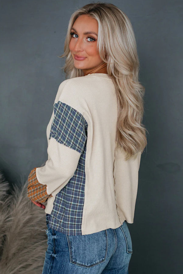 Fashion Sweater Smoke Gray Plaid Patchwork Raw Seam Long Sleeve Top