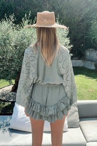 Matching Outfit Set Mist Green Crinkled Eyelet Raglan Sleeve Top Ruffled Shorts Set