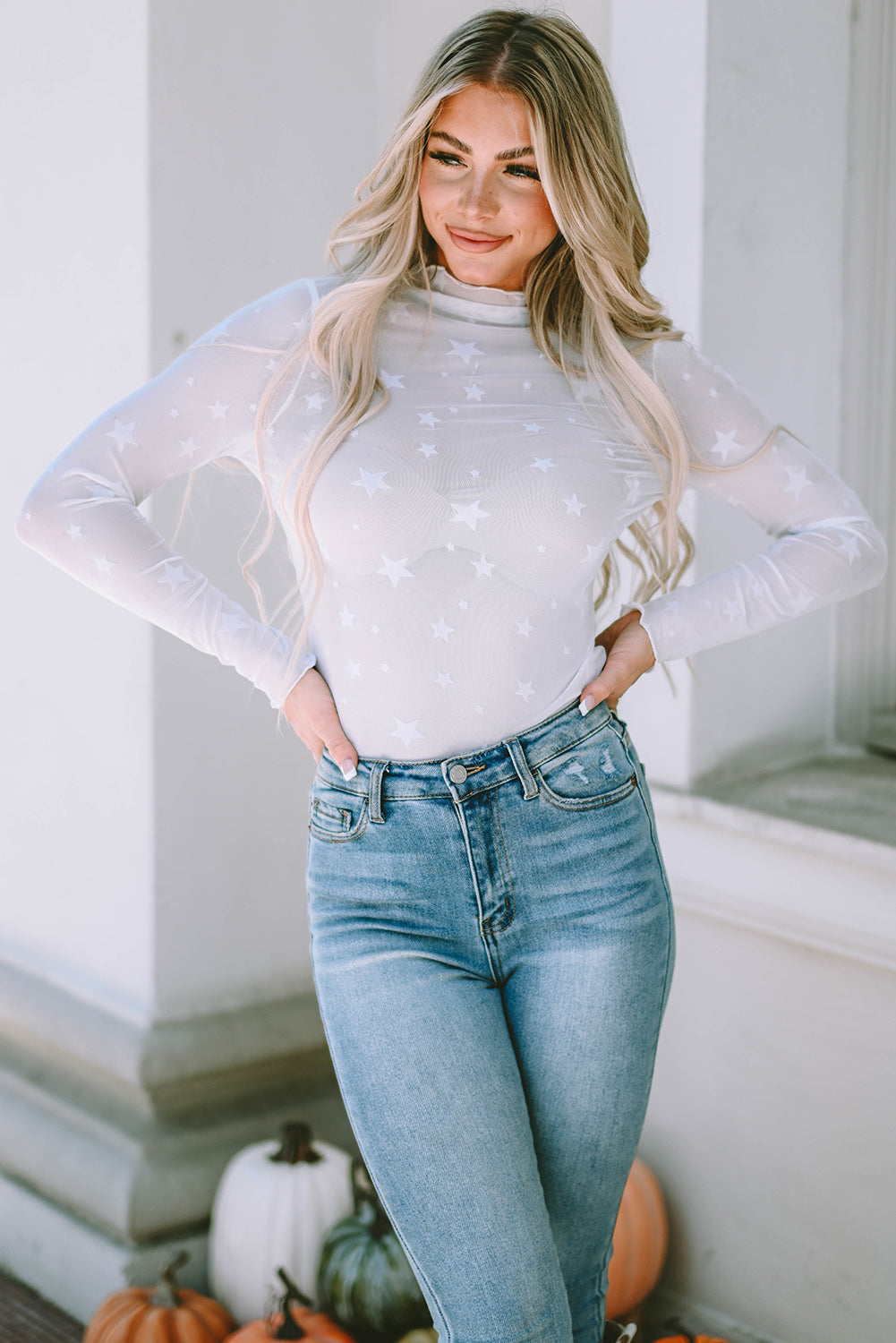 White Star Embellished Sheer Mesh Long Sleeve Top