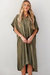 Olive Green Shirt Dress Jungle Green Loose High Low Side Slits Short Sleeve T Shirt Maxi