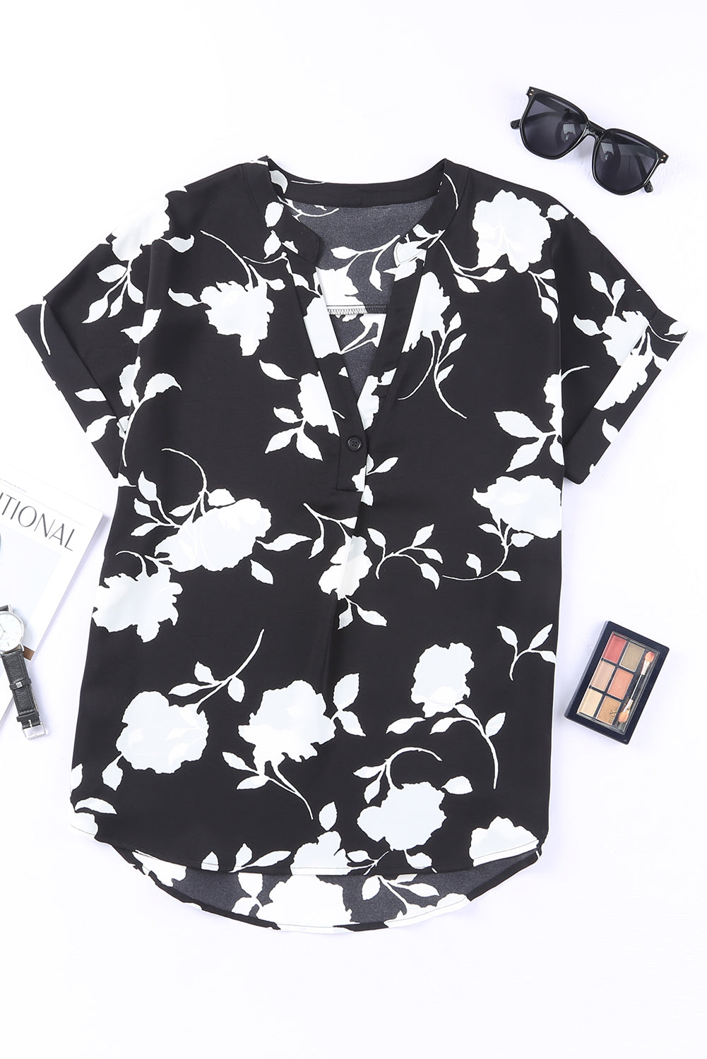 Black Floral Printed Short Sleeve Blouse Womens Casual Shirt Top