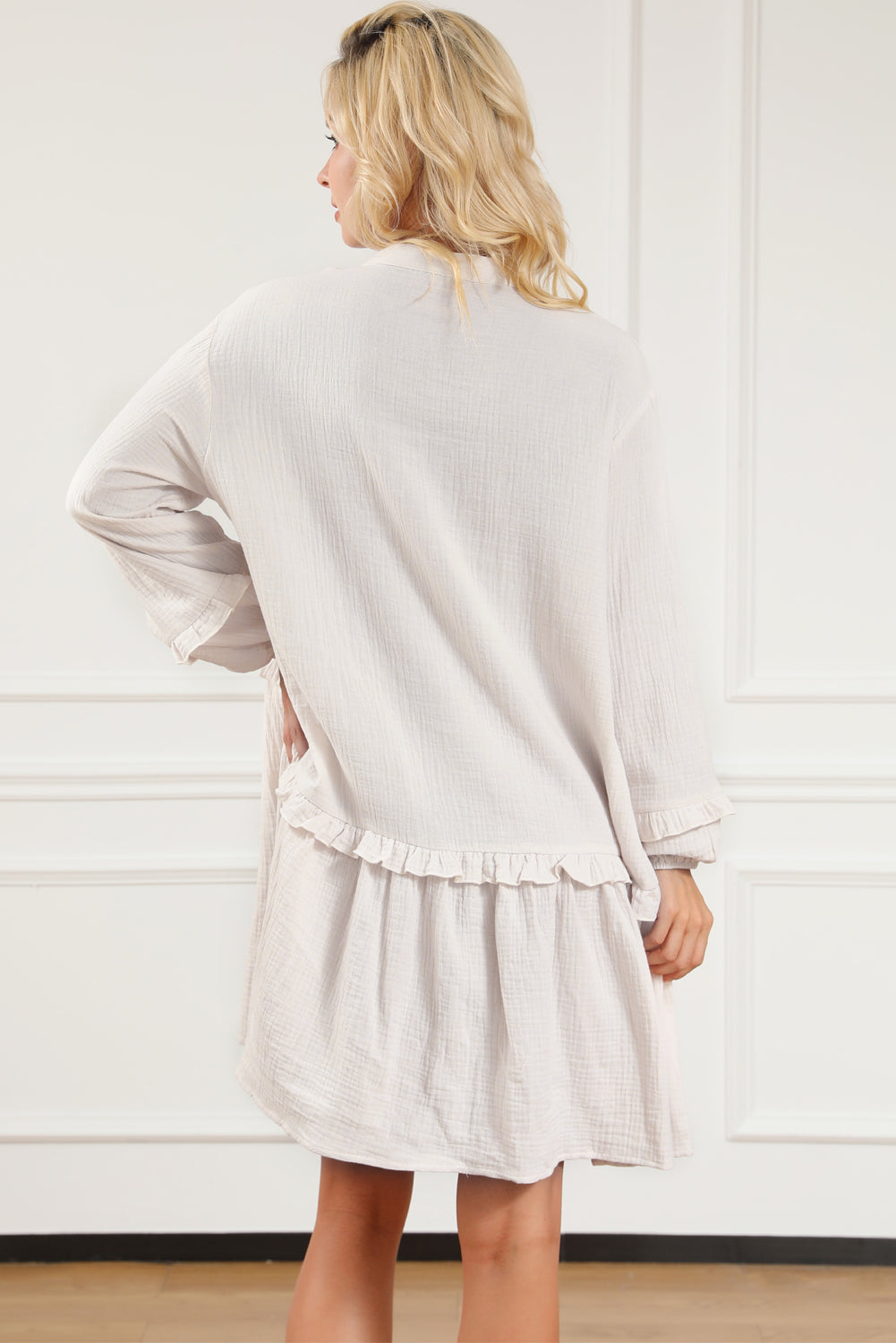 Apricot Frill Trim Half Buttoned Textured Casual Long Sleeve Dress