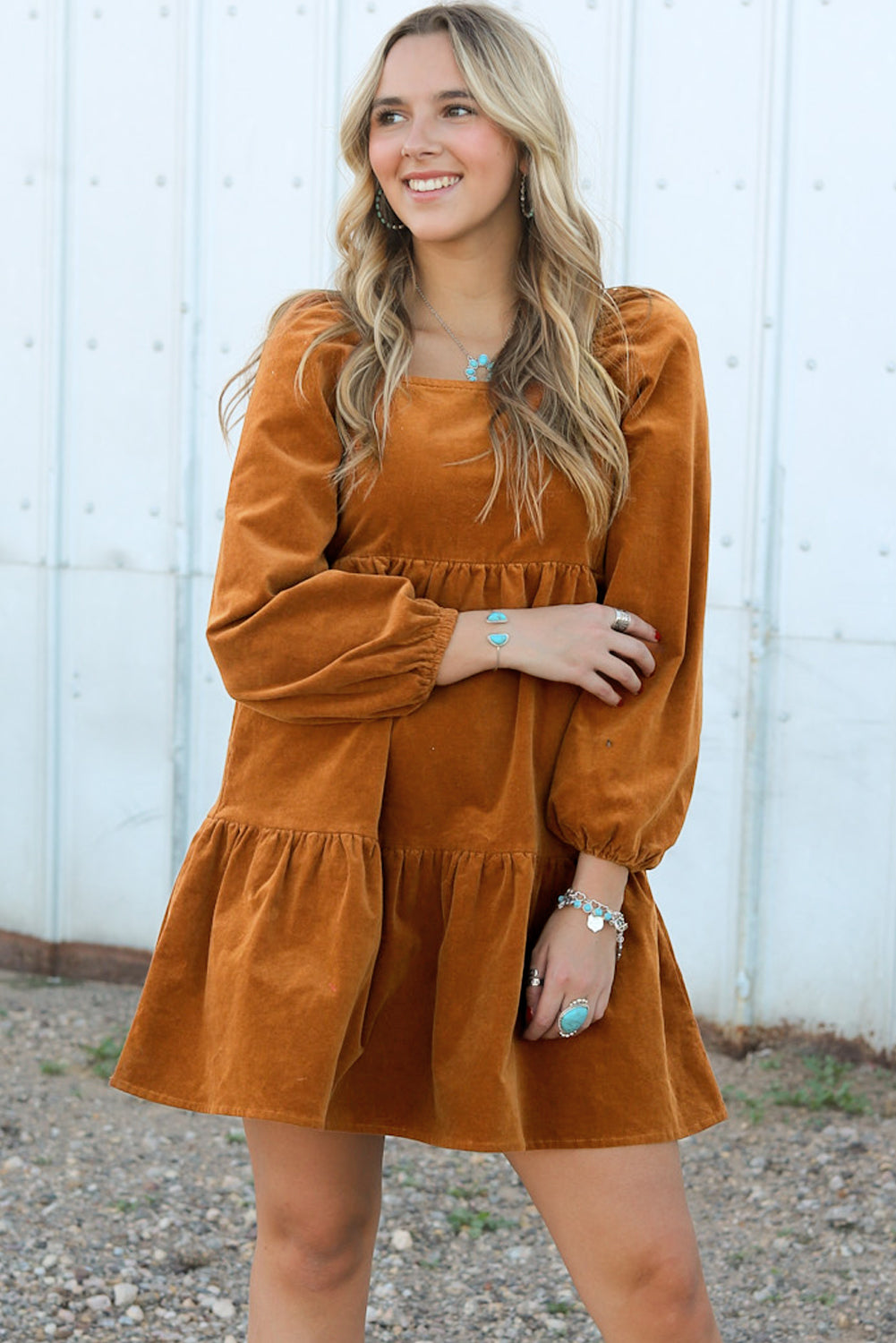 Boho Long Sleeve Dress with pockets  Chestnut Square Neck Puff Sleeve Tiered Corduroy Mini