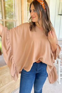 Khaki Nude Shirt Plus Size Ruffled Batwing Sleeve V Neck Blouse Oversize Baggy