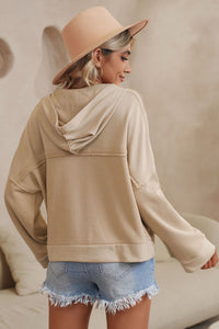 Khaki Casual Button Solid Patchwork Trim Hoodie