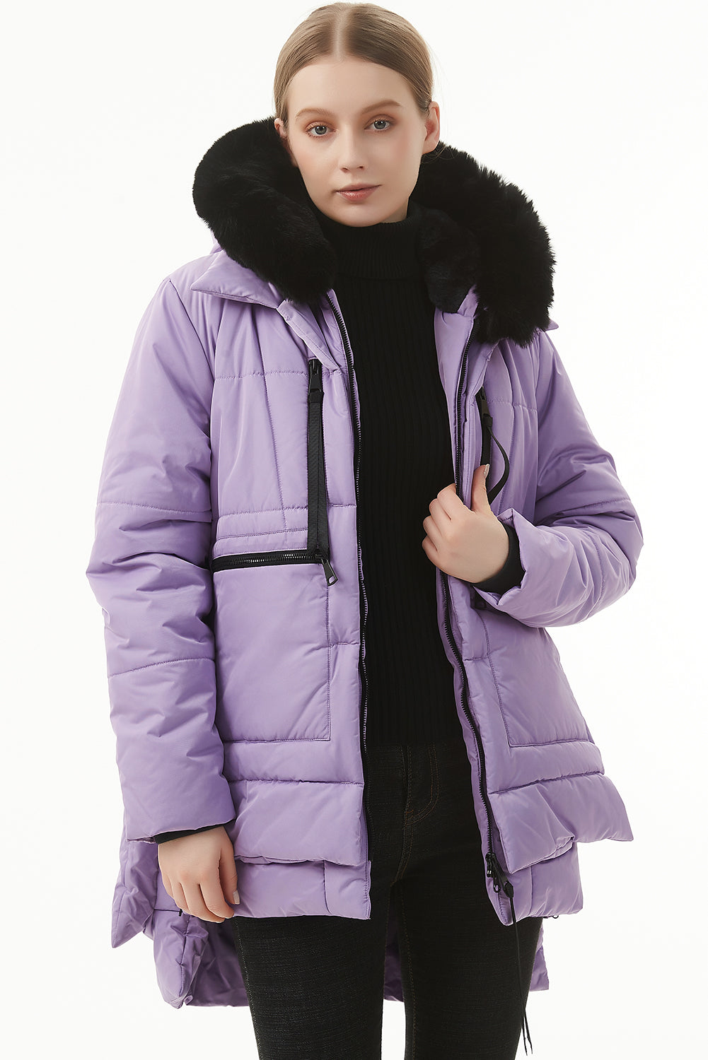 Women's Hooded Puffer Coat Purple  Plush Linen Zip Up Fashion Warm Jacket Outerwear