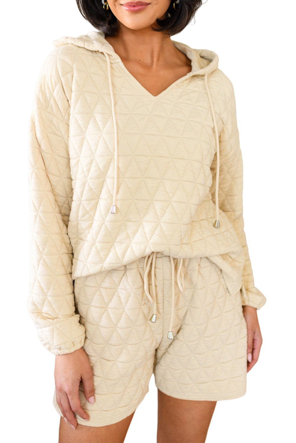 Beige Quilted V Neck Hoodie Drawstring Shorts Set Loungewear Fashion Sets