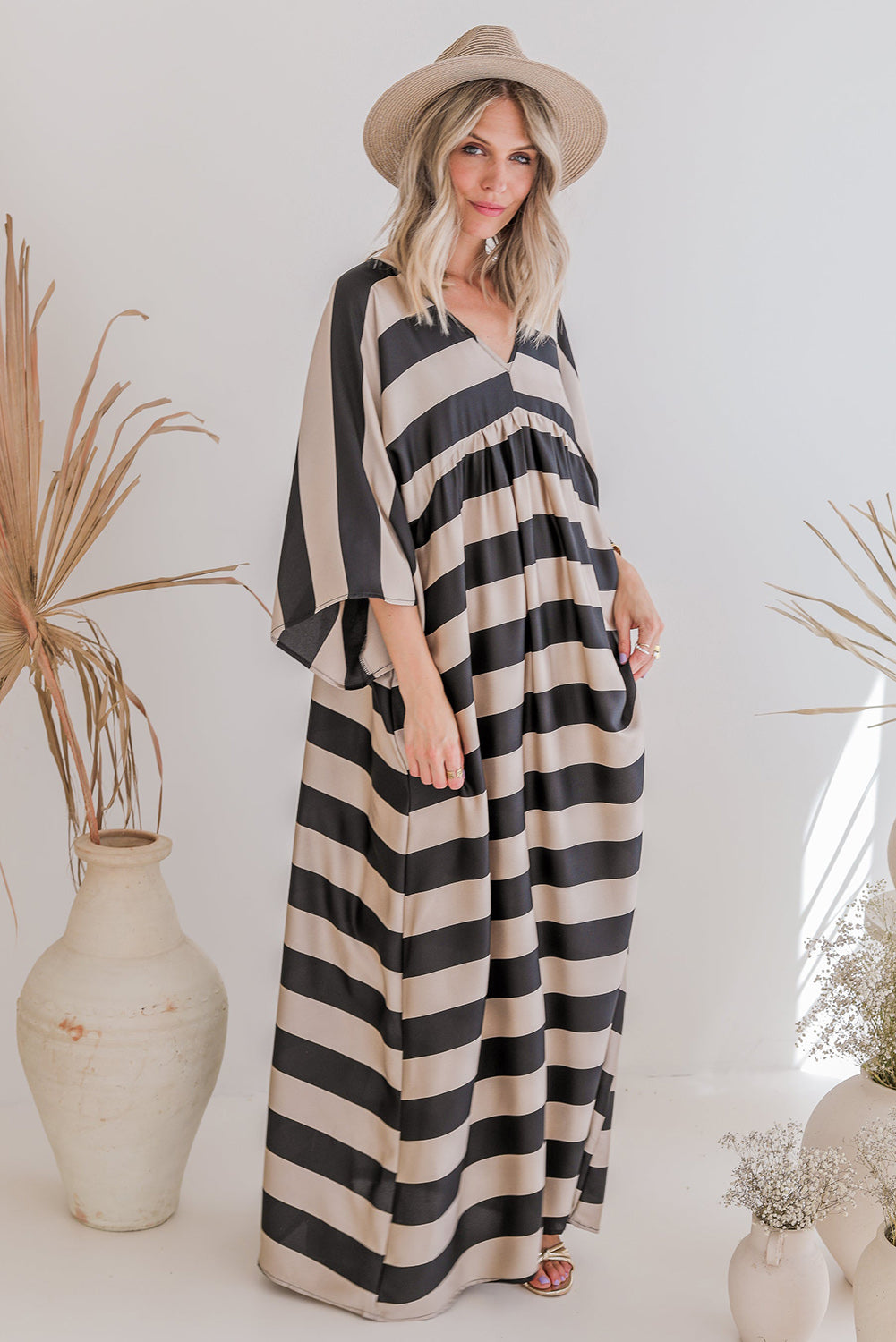 Black V Neck Kimono Sleeve Black and White Striped Maxi Long Dress