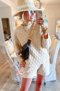 Beige Textured Long Sleeve Top Shorts Fashion Outfit Set