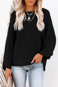 Black Exposed Seam Ribbed Knit Dolman Off The Shoulder Long Sleeve Top