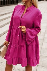 Pink Long Sleeve Casual Mini Dress  Crinkled Tiered Split Neck Shirt Dresses