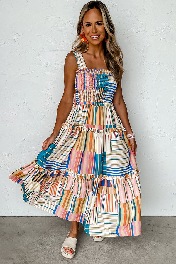 Khaki Mix Striped Wide Straps Smocked Tiered Maxi Midi Dress