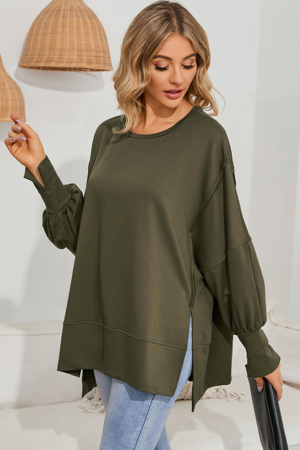 Olive Green Patchwork Drop Shoulder Oversized Top Sweater