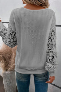 Gray Lace Splicing V Neck Puff Sleeve Top