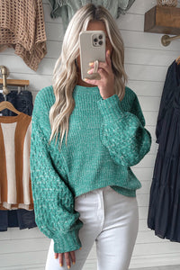 Women’s Sweatshirt Sea Green Cable Knit Sleeve Drop Shoulder Long Sleeve Fashion Sweater