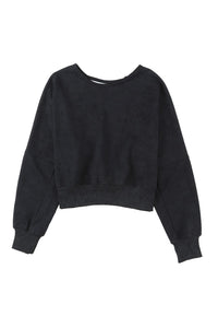 Women’s Sexy Casual Shirt Top Black Acid Wash V-shape Open Back Sweatshirt