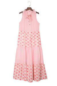 Pink Abstract Print Split Neck Sleeveless Maxi Dress