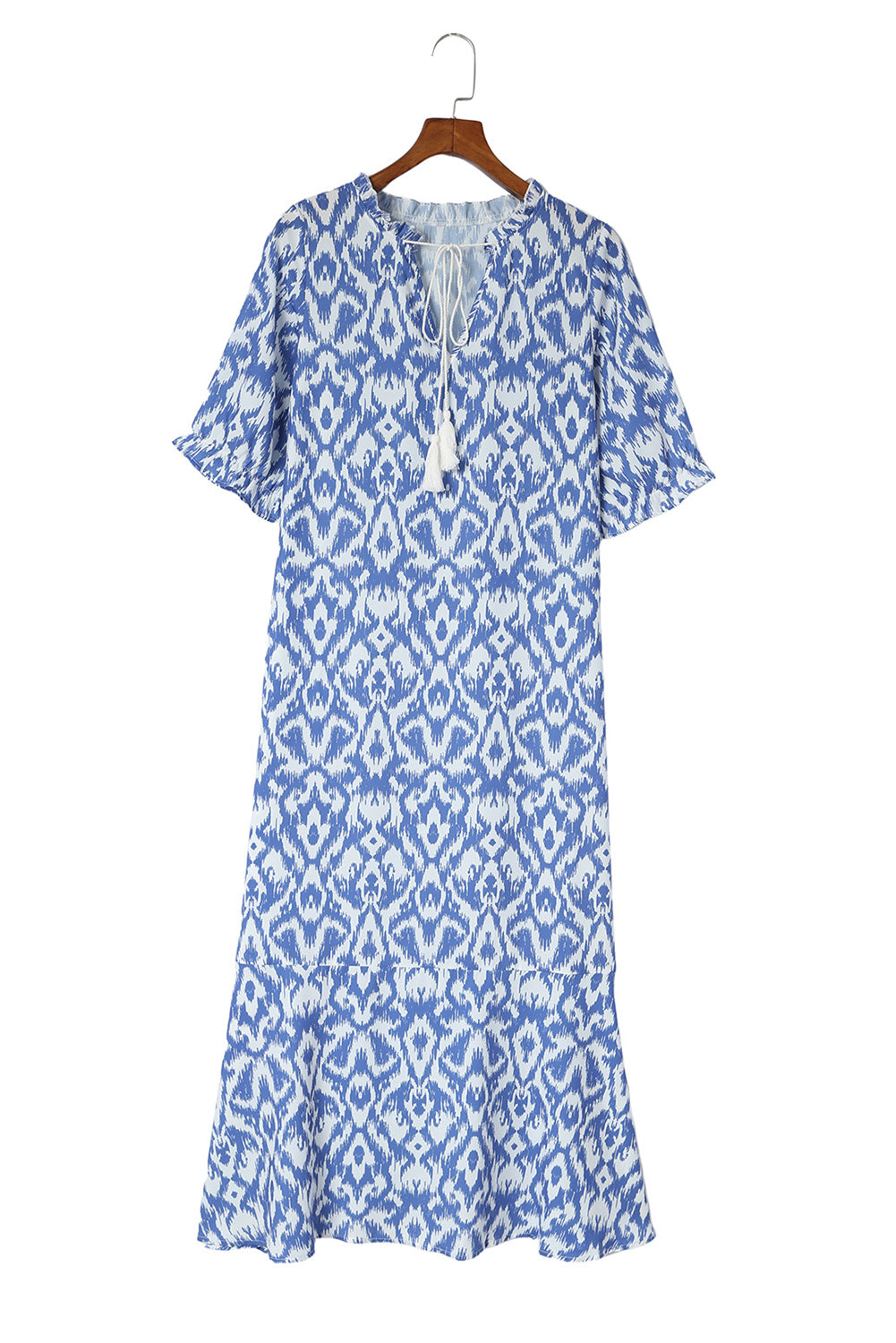 Casual Geometric Print Maxi Dress Sky Blue V Neck Boho Summer Vacation Dresses Loose Fit