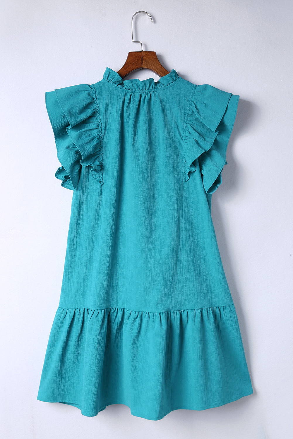 Mini Dress with Pockets Short Sleeve Green Tiered Ruffled Sleeves