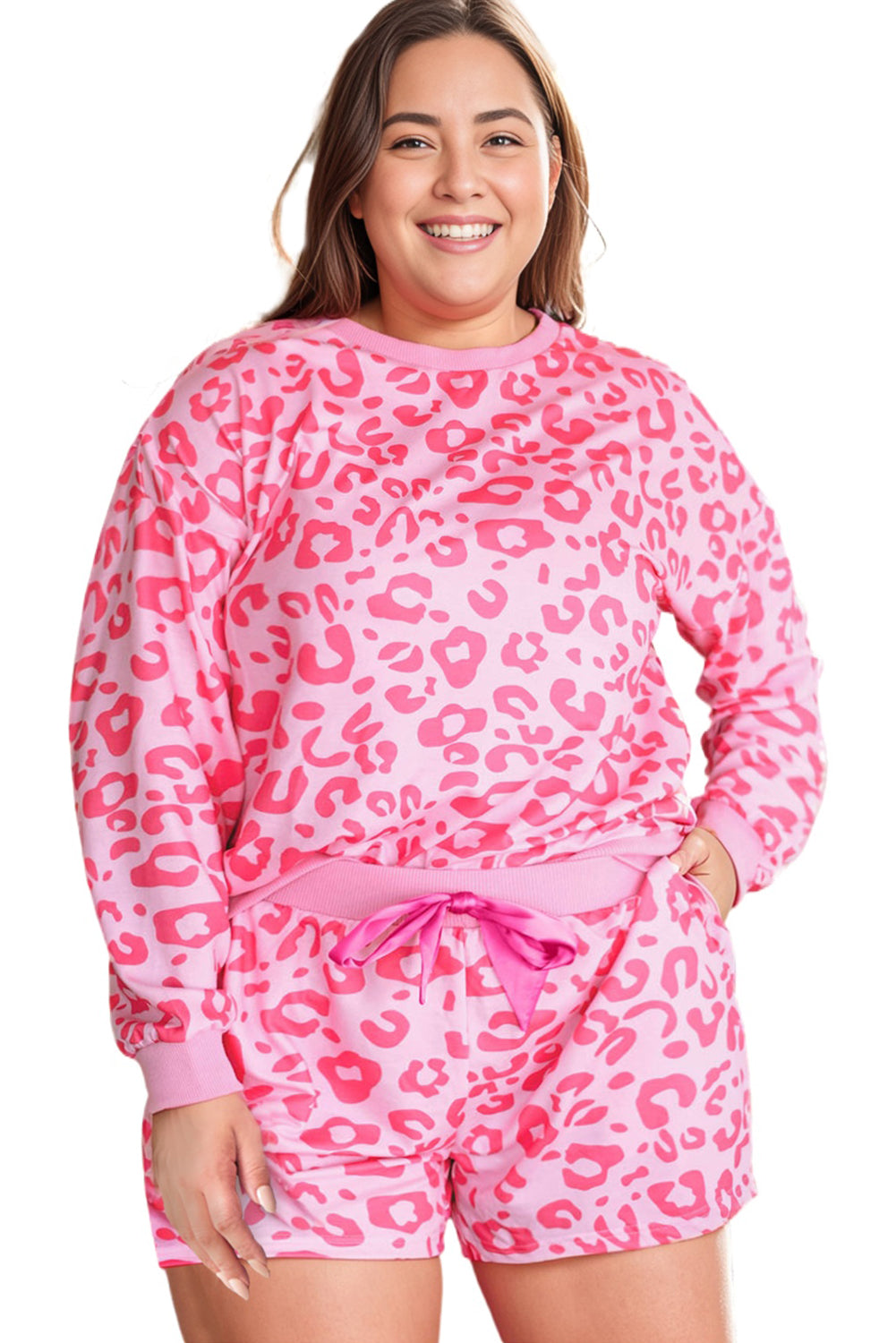 Bonbon Leopard Long Sleeve Satin Tie Shorts Loungewear Set,  Pajama Set Plus Size Outfit