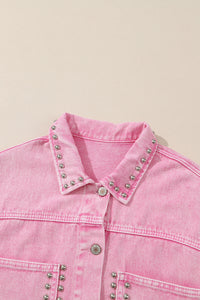 Pink Denim Jacket 100% Cotton Premium Luxury Fashion Women’s Rivet Studded Pocketed Light Pink Denim Jacket