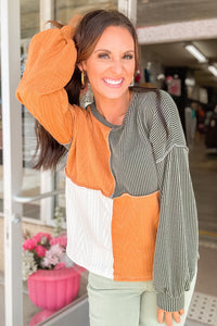 Grapefruit Orange Mixed Texture Color Block Long Sleeve Shirt Top